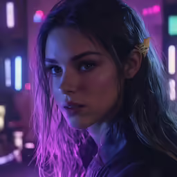 an alien woman with long hair standing in the city at night