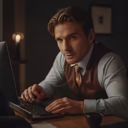 a man in dress shirt and tie working on a laptop