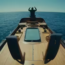 a man is standing on the back of a boat in the ocean