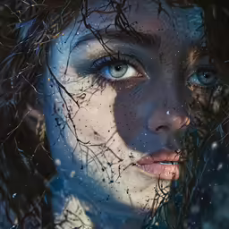 a woman with frecks and blue eyes stares straight ahead