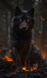 a wolf is sitting in the forest looking at something