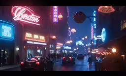 cars parked on the side of a city street with neon signs