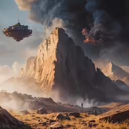 a futuristic city floating over mountains under a dark sky