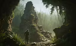 man walking in the middle of a mysterious forest