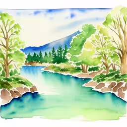a drawing of a river with trees on both sides