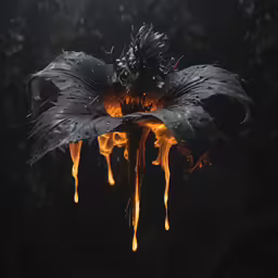 the dark and bright flower with some orange fire coming from it
