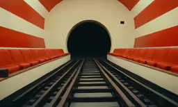 the train tracks have red and white painted on them