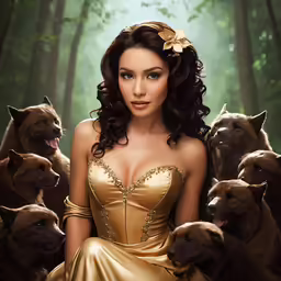 a young lady dressed up in a costume surrounded by bears