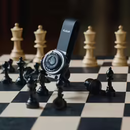 an iphone with a camera sitting on top of a chess board
