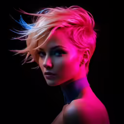 this is a woman with short hair and neon light