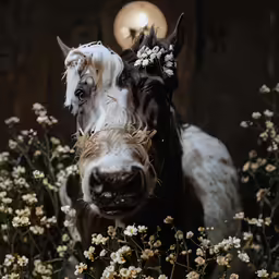 two cows standing in a field of flowers