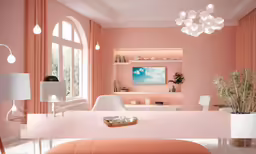 a living room with peach color scheme and furniture