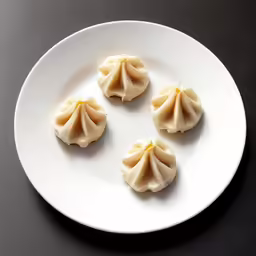 three dumplings on a white plate are seen from above
