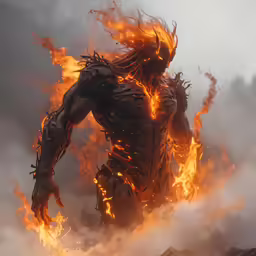a character dressed up as the black monster runs through a cloud of fire