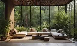 a room with large windows and couches in it