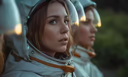 two women in helmets on their heads looking into the distance