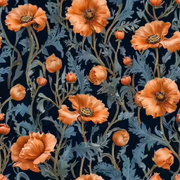 an orange and blue pattern of flowers and leaves