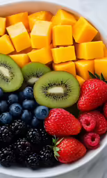 a white bowl filled with fruit and kiwis