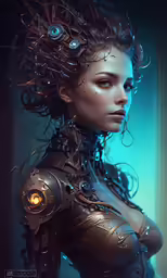 a woman with steam hair and metal clothing