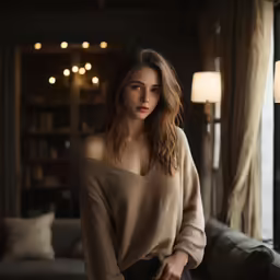 a woman sitting on a couch in a living room with a candle