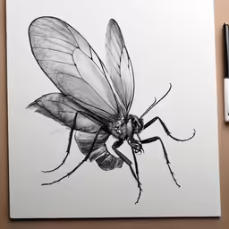 a bug drawing on paper next to a marker pen
