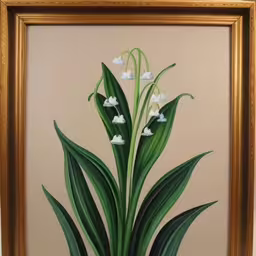 a painting of flowers in a vase painted on canvas,a painting with white flowers in a vase,a painting is on display and sitting in a frame,a picture of some lilies and white flowers in a vase,a vase with some white flowers is shown