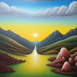 the painting shows the setting sun and mountains,an image of a painting of mountains and hills,an image of a painting of the sun setting over a river,a painting that is depicting a path going through the mountain,a painting of a mountain lake in a green landscape