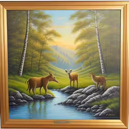 a painting of some deer in a forest,an oil painting of two animals near a stream,a painting of a deer and deer cubs standing by a stream,a painting that has animals in the middle of a stream,a painting depicting deer by a stream with a gazelle by it