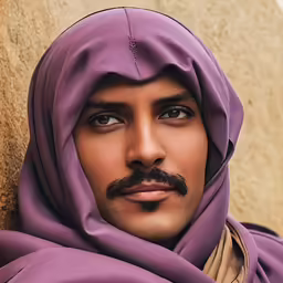 a young man in purple standing by a stone wall