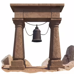 an image of a bell near two ruins