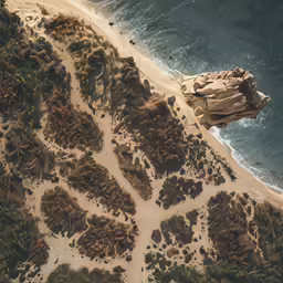 this is an aerial view of the beach and a rock formation