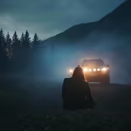 a woman is sitting in front of a car on a road at night