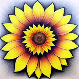 a sunflower drawn in colored pencil on paper,a drawing of a yellow flower is shown