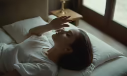 a woman is lying on the bed with her hand up