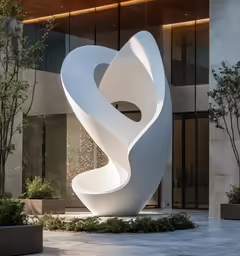 the sculpture is next to the building and tree