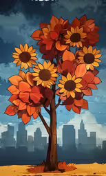 a tall tree sitting next to a large painting of sunflowers