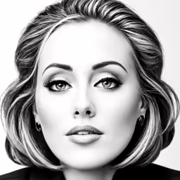 black and white image of woman with blue eyes wearing black suit