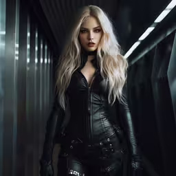 a woman in leather clothes posing for a photo,