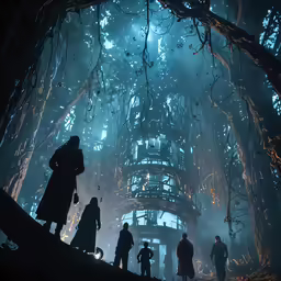 people stand in the midst of a large building with trees