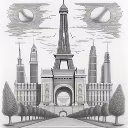 pencil drawings of paris france cityscape of eiffel tower with the eiffel tower in the distance