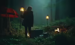 a man with an umbrella stands in the woods next to a trunk and fire