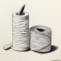 a drawing of two rolls of yarn and a pen,a drawing of two roll of paper with a pen sticking out of the top