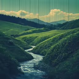 a river runs through a field with mountains in the background