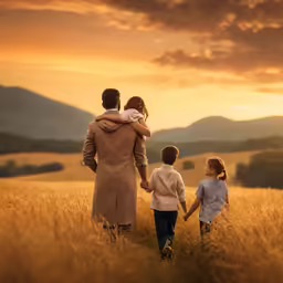 an adult man and two young kids walking through a wheat field