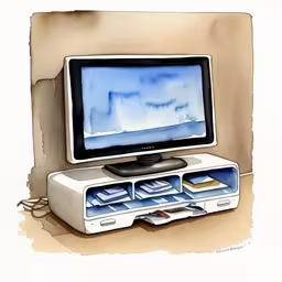 a watercolor painting of a tv with multiple parts,a drawing of an old tv in a shelf