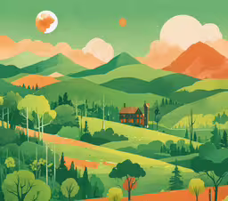 a painting of the woods with houses in the distance,a green field with hills and trees on a cloudy day