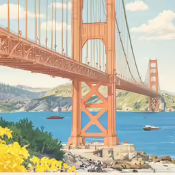 a painting shows a large bridge spanning the waters and mountains