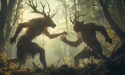 two demonic creatures are fighting in the woods