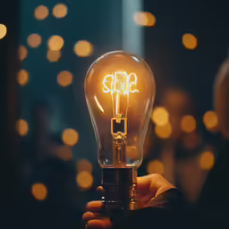 someone holding up a light bulb to show off its word