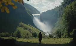 a person looking up at a waterfall in the mountains